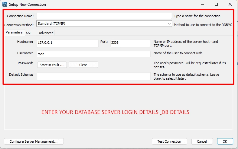 Enter Your Server Login Details like server host , username and the password Click on OK ER Diagram Appweb Coders