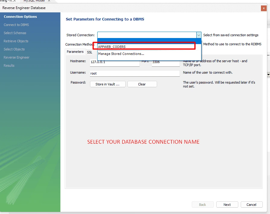 Select the Database Connection name ER Diagram Appweb Coders